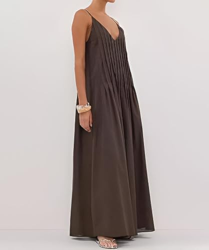 Women Summer Spaghetti Strap Maxi Dresses Sleeveless V Neck Pleated Backless Flowy Loose Beach Vacation Long Sundress2