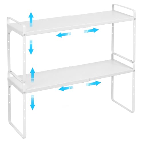 15.5 to 25.5 Inch Expandable Kitchen Cabinet Organizer Shelf, 30 LBS Heavy Duty Stackable Kitchen Counter Storage Shelves Organizers, 2 Pack Adjustable Small Storage Shelf Rack for Cabinet Cupboard