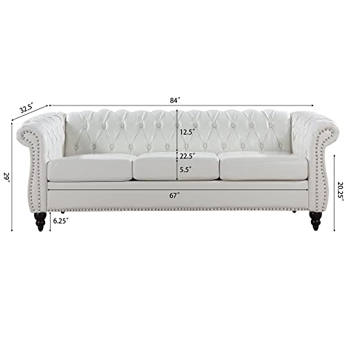 Image of LEVNARY Chesterfield Sofa, Classic Tufted Upholstered Leather Couch, Modern 3 Seater Couch Furniture with Tufted Back for Living Room Office (Cream White)