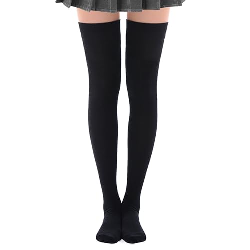 MK MEIKAN Black Thigh High Socks for Women Cotton Long Socks for Outfits