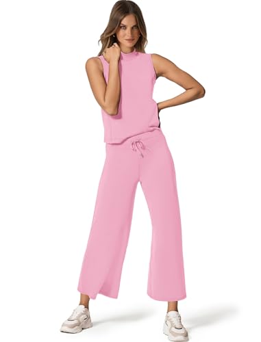 Image of SAMPEEL Two Piece Sets for Women Summer Outfits Lounge Sets Mock Neck Tops Wide Leg Crop Pants Vacation Travel Outfits