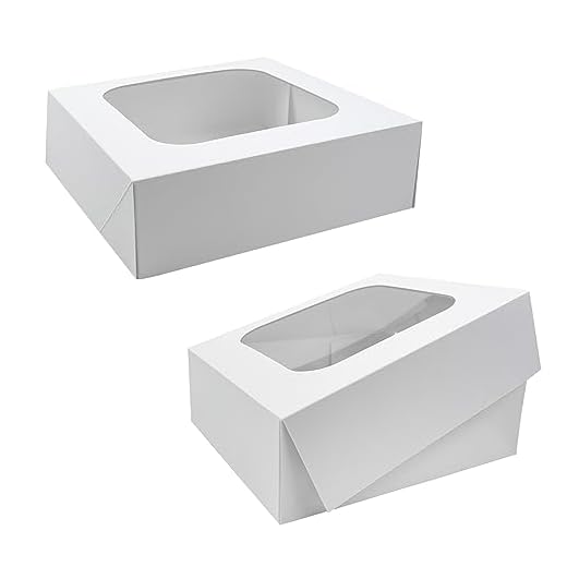 50 Cajas para Tartas con Ventana - 23x23x7,5 cm - Cajas de Repostería para Bizcochos, Pasteles y Dulces en Cartón Kraft Blanco