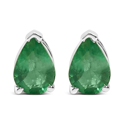 14K White Gold 6x4MM Pear Shaped Green Emerald Solitaire Stud Earrings
