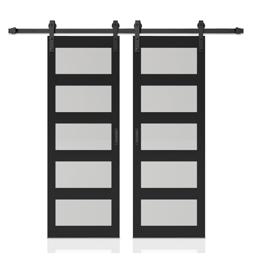 60 in. x 84 in. 5 Lite Tempered Frosted Glass Black Finished Composite Double Sliding Barn Door with Hardware Kit Handle