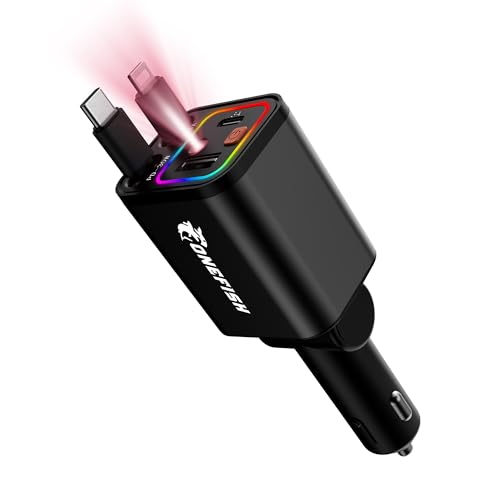 OneFish Starlight Fast Car Charger, 4 in 1 Cigarette Lighter Chargers with USB Type C Ports Retractable Cord Display, for iPhone 17 16 15 14 Pro Max Plus/iPad, Car Truck Essentials Gift for Women Men