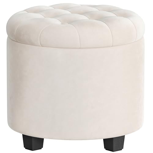 SONGMICS Round Ottoman Ottoman with Storage 17.7 x 17.7 x 17.5 Inches Foot Rest with Legs Velvet Load up to 330 lb for Living Room Bedroom Cream White ULOM012W01