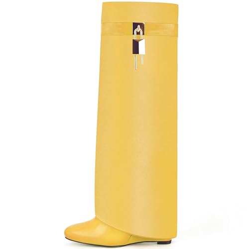Image of Fold Over Boots for Women Pointy Pull-on Wedge Heel Knee Shark Boot With Side Zipper Padlock Design