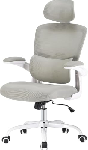 White Ergonomic Office Chair with Flip-up Armrests,Adjustable Headrest and Height,Lumbar Support for Home and Office Use