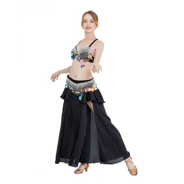 JRUIA Falda Larga para Danza del Vientre para Mujer Vestidos De Gasa para Danza del Vientre Disfraces para Adultos para Festivales Rave Trajes De Baile para Halloween Y Carnaval,Negro,L