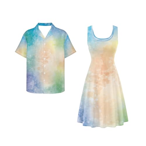 Image of Dreaweet Summer Dresses for Women A-Line Sleeveless Flowy Sun Dresses,Men's Casual Button-Down Shirts,Couple Matching Outfits