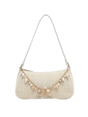 SHENHE Womens Seashell Beaded Woven Purse Shoulder Bag Vacation Beach Wedding Small Handbag Beige One Size