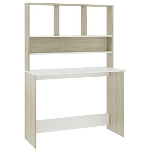 Escritorio con estantes color blanco roble Sonoma 110 x 45 x 157 cm ahorra espacio, mesa de oficina con espacio de almacenamiento, escritorio para ordenador para oficina en casa y estudio, mesa de