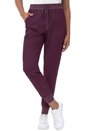 Image of MIVEI High Waisted Jogger Style Scrub Pants for Women - 8 Pockets Medical Bottoms Tapered Yoga Waistband Ribbed Ankle Cuffs