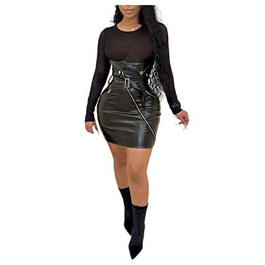 sedmoda Women Sexy Faux Leather Mini Dress Sheer Mesh Patchwork Long Sleeve Bodycon Dresses Party Club Outfits Black
