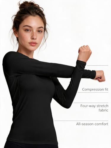 Image of 4 Pack Women's Compression Shirts Long Sleeve Workout Athletic Top | Moisture Wicking Quick Dry, Four-Way Stretch, Sun Protection, Opaque, Running Yoga Gym Bike, Crew Neck Underscrub Baselayer