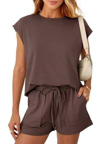 REORIA Women Crew Neck Activewear Loose Short Sleeve Lounge Wear Set Solid Color Tracksuit Co Ord Sets Two Piece Outfit Coffee L