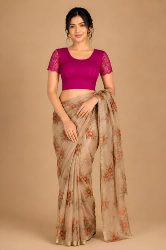Image of Abhi Cotton Readymade Saree Blouse for Women- Half Net Sleeves, Round Neck, Regular-fit, Stretchable, Pull-on Style Blouse
