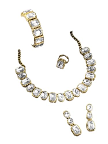 Juego de joyas con tachuelas de cristal blanco DMZ-2897 y latón chapado en oro