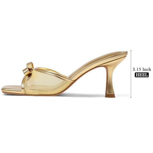 Image of Womens Heeled Sandals Open Square Toe Kitten Heels Sandals Slip On Bow Mesh Mules Heels Comfortable Dress Shoes for Party Wedding