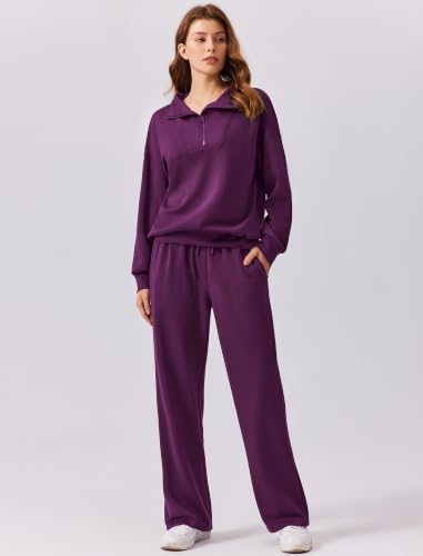 Image of PINSPARK 2 Piece Sets for Women 1 /4 Zip Lounge Matching Set Fall Outfits | Oversized Sweatshirt, Long Sleeve Pullover, Wide Leg Pants with Drawstring Pockets, Sweatsuit, 2026 Travel Airport Tracksuit