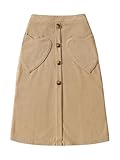 Verdusa Girl's Button Midi Skirts Ribbed A Line Skirt with Heart Pockets Spring Fall Fashion Khaki 11 Years