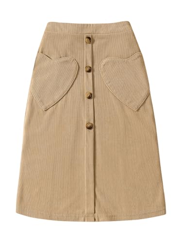 Verdusa Girl's Button Midi Skirts Ribbed A Line Skirt with Heart Pockets Spring Fall Fashion Khaki 11 Years