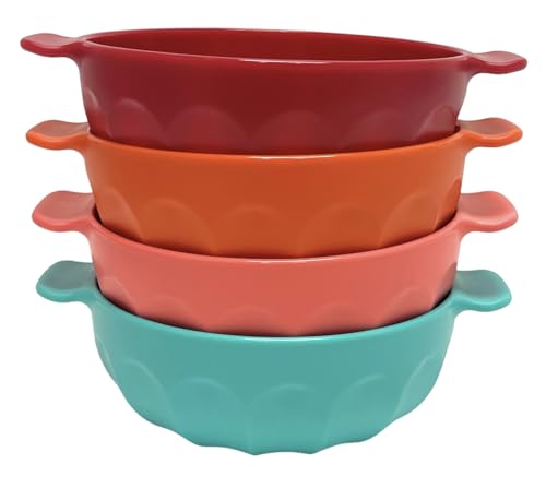 Mintra Home Unbreakable Plastic Bowl 4pk - Shatterproof, BPA Free, Reusable, Party Cups, BBQ, Colorful Set, indoors and outdoors (Teal, Orange, Dark Red, Salmon, Small with Handles - 550ml Set 2)