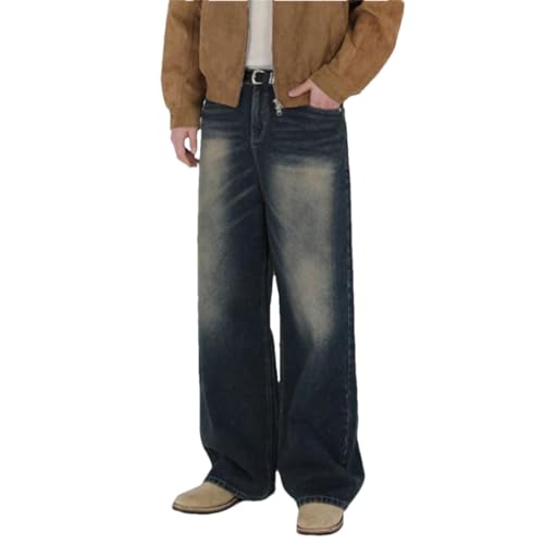 Men's High Street Denim Pants Washing Vintage Bottom Straight Wide Leg Jeans