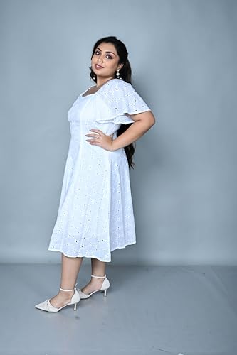 Image of Women's Plus Size Cotton Hakoba A-Line Midi Dress, White Cotton with Sweetheart Neckline & Short Flutter Sleeves, Flowy Elegant Summer Dress