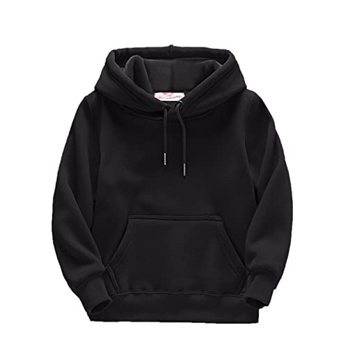 Solid Color Fleece Hoodie for Kids Boys Girls Fall Winter Warm 𝗛ooded Long Sleeve Cowl Neck Pullover (Black, 5-6 Years)