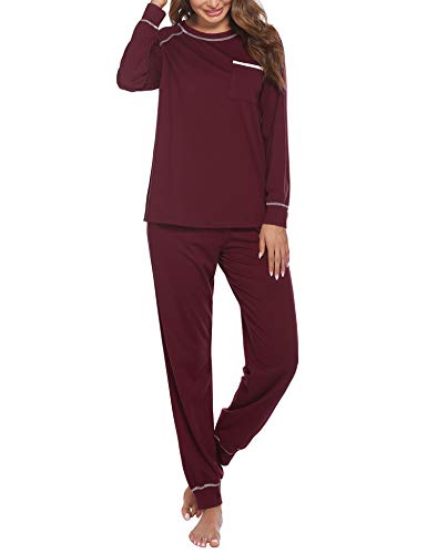 Ekouaer Pajamas Set Womens Long Sleeve Sleepwear Soft Cotton Classic Loungewear Pj Set Wine Red