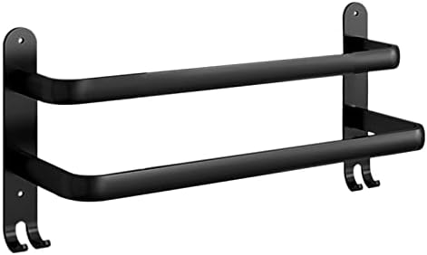 ASFINS Double Towel Rail Hand Towel Holder Wall Mounted Clothes Rail, 2-Tier Towel Rail with Hooks for Kitchen Bathroom Toilet Hotel Office, Self Adhesive/Wall Mounted, 2 Way to Install (Black, 40cm)