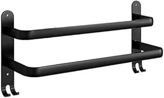ASFINS Double Towel Rail Hand Towel Holder Wall Mounted Clothes Rail, 2-Tier Towel Rail with Hooks for Kitchen Bathroom Toilet Hotel Office, Self Adhesive/Wall Mounted, 2 Way to Install (Black, 40cm)