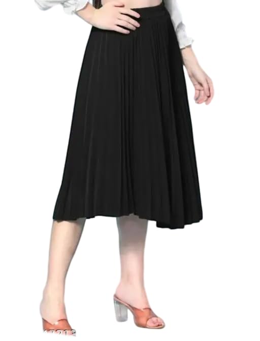 Women?s Crepe Pleated Black Midi Skirt with Flared Silhouette-picture-31