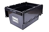 Tough Crates 5 x Heavy Duty Plastic Storage Boxes Black With Attached Lids Tote Boxes (60 Litre)