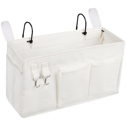 Loghot Bedside Caddy/Bedside Storage Bag Hanging Organizer for Bunk and Hospital Beds Dorm Rooms Bed Rails Can be Placed Glasses Books Mobile Phones Keys (White)