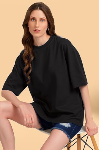 Image of Oversized Baggy Fit Drop Shoulder Half Sleeves Round Neck Solid Pure 100% Cotton T-Shirt for Women (Available in White, Black,Navy Color)