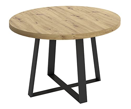 PEGANE Table à Manger Ronde Extensible en Bois chêne avec Pieds en métal Graphite - Longueur 110-158 x Profondeur 110 x Hauteur 77 cm