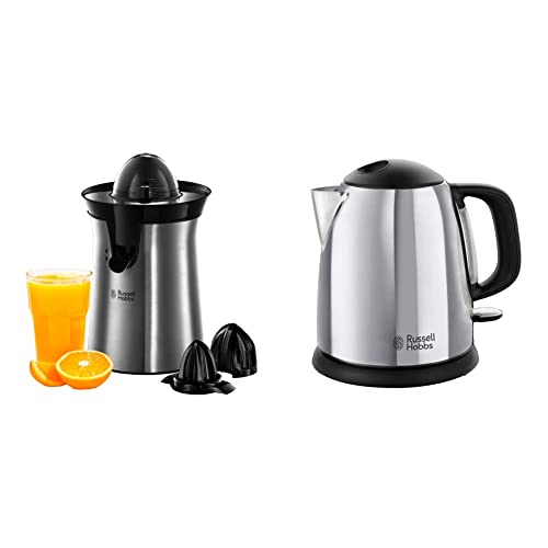 Russell Hobbs Presse Agrumes Electrique, 2 Sens Rotation, 2 Cônes Interchangeables, Jus de Fruit Frais Rapide - Inox 22760-56 & Bouilloire 1L, Ebullition Rapide, Marquage Tasses- 24990-70 Victory