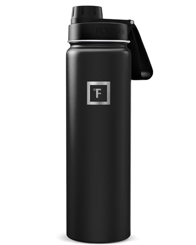 IRON °FLASK Camping & Hiking Hydration Flask with Spout, Wide Mouth Insulated Stainless Steel Sports Water Bottle - Midnight Black 24 oz - Spout (1 Lid)