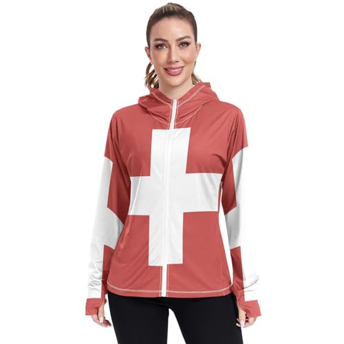 Vnurnrn Switzerland Flag Womens UPF 50+ Sun Protection Hoodie Jacket Lightweight Long Sleeve Sun Shirt with Pocket
