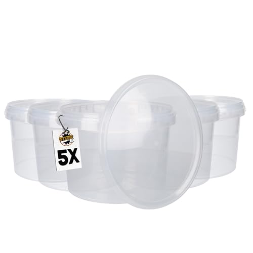 5 Eimer mit Deckel 3 Liter Rund Transparent | Kunststoff Eimer Lebensmittelecht, luftdicht und stabil | Leer Eimer mit Griff und Deckel für Lebensmittel Chemie Waschpulver Klebstoffe geeignet