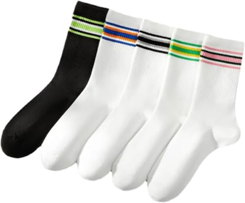 LESSO Athletic Socks 5 Pairs Unisex 5-10 Soft White Retro Striped Breathable Cotton Knit Trendy Black Deordorant (One Size)