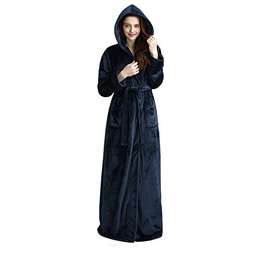Womens Bathrobe Hooded Soft Warm Spa Kimono Thicker Plus Size Full Length Sleepwear Luxurious Plush Fleece Ladies Robes with Pockets (Navy Blue, X-Large)