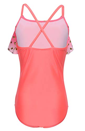 Image of Flowy Girls Swimsuits,Tie Dye Neon Pink Ruffle One Piece Swimwear with Pleat Mini Skirt, Two Piece Bathing Suits Set, Size 10-12