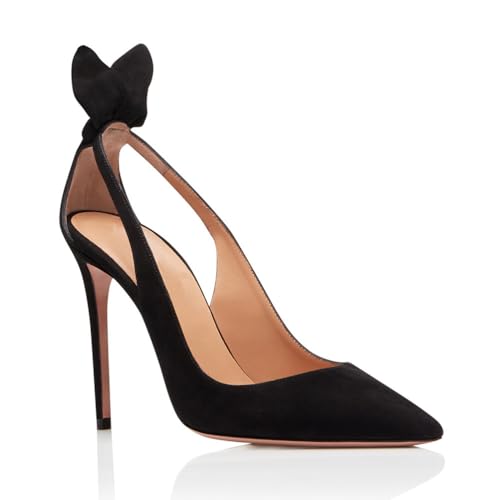 WOkismD Escarpins Noirs pour Femmes à Bout Pointu avec nœud, Bride de Cheville, Talons Aiguilles Hauts, Chaussures de soirée pour Mariage,Noir,34 EU