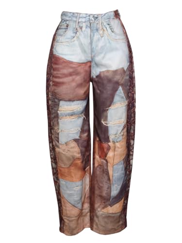 Faux Denim Printed Pants for Women Baggy Y2K Faux Denim Jeans Wide Leg Ripped Elastic Waist Pants Casual Streetwear