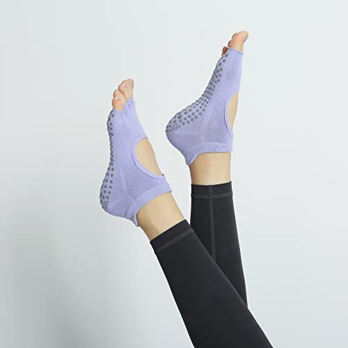 Image of Yoga Pilates Toe Socks Toeless Socks with Grips for Women Non Slip Cushioned Low Cut Ankle Socks for Dance