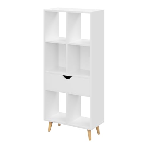 EUGAD Estantería para Libros, Archivos, Separador de Espacios de Almacenamiento de Pie con Cajón de MDF, 6 Compartimentos, 4 Estantes, 50x24x121cm Blanco 0012SHG