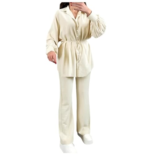Conjunto Elegante de Dos Piezas para Mujer con Camisa de Manga Larga y Pantalones de Corte Recto Oficina y Ocasiones (Beige, M)